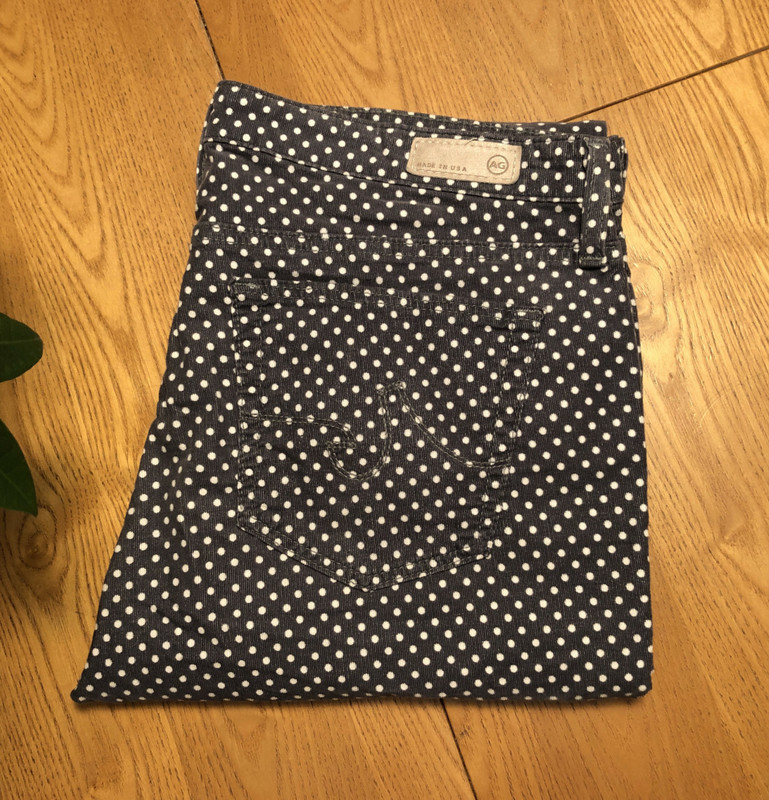 AG ADRIANO GOLDSCHMIED THE STEVIE ANKLE GREY/WHITE POLKADOT JEANS 31 X 27 EUC