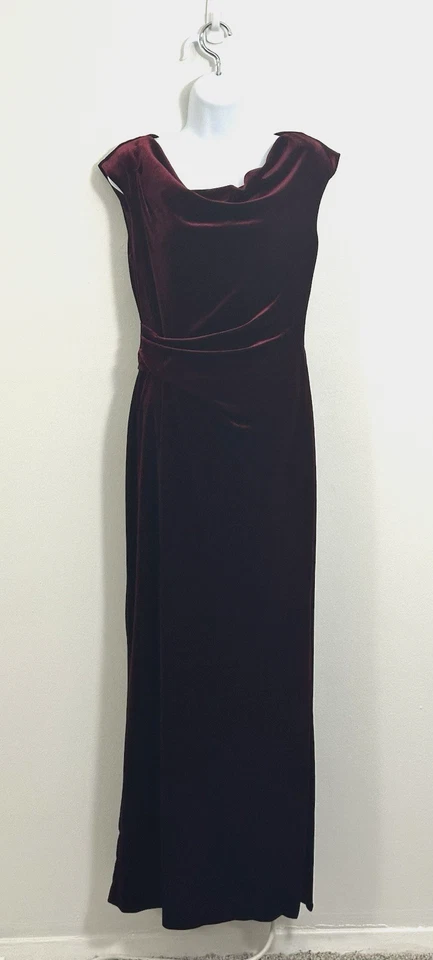 VINCE CAMUTO Borgoña Cuello Capucha Terciopelo Vestido de Noche Talla 6P Fiesta Formal Foto 3 de 4