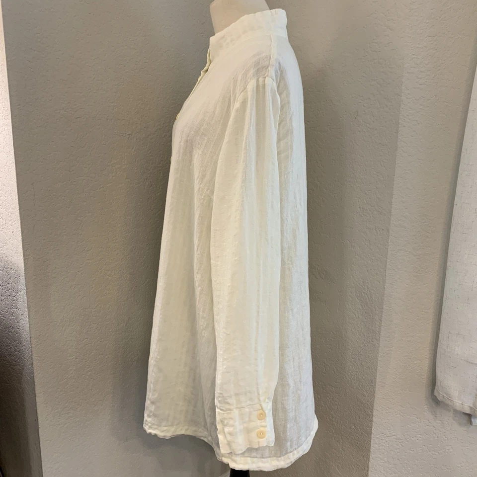 FLAX 100% 亚麻束腰高领象牙色女式 L L Lagenlook 波西米亚 — 第 2/4 张图片