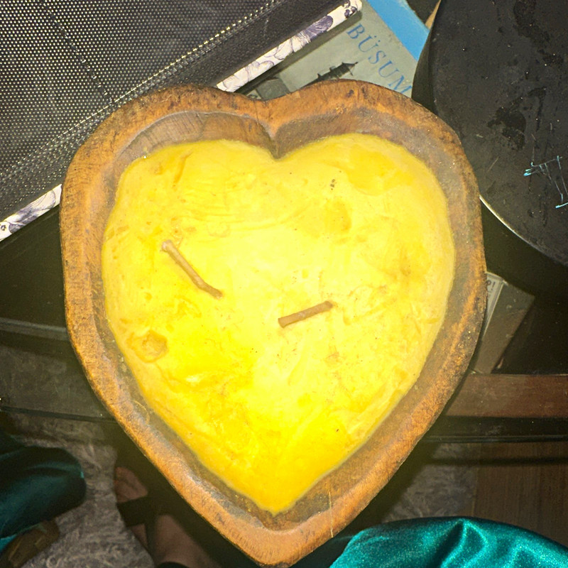 Heart-Shaped Yellow Wax Candle in Brown Holder, Unscented Decorative, 1