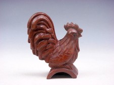 Boxwood Hand Carved Japanese Netsuke Big Tail Rooster Chicken On Log #11282505
