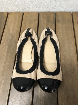 J Crew Mila Size 9.5 Cream Tan Black Flats Leather Cap Toe