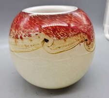 Murano Vase Round Hand Blown Cased Art Glass Orange Cream Mocha Swirl 6"