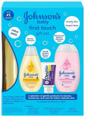 NEW Johnson's Baby First Touch Baby Essentials Gift Set with Body Wash & Shampoo