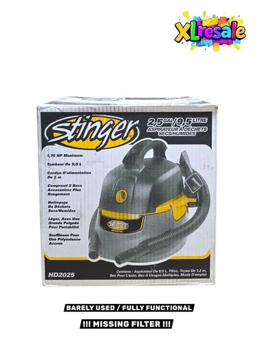 Stinger 2.5 Gallon 1.75 Peak HP Small Shop Vacuum Wet Dry Vac with Filter Bag