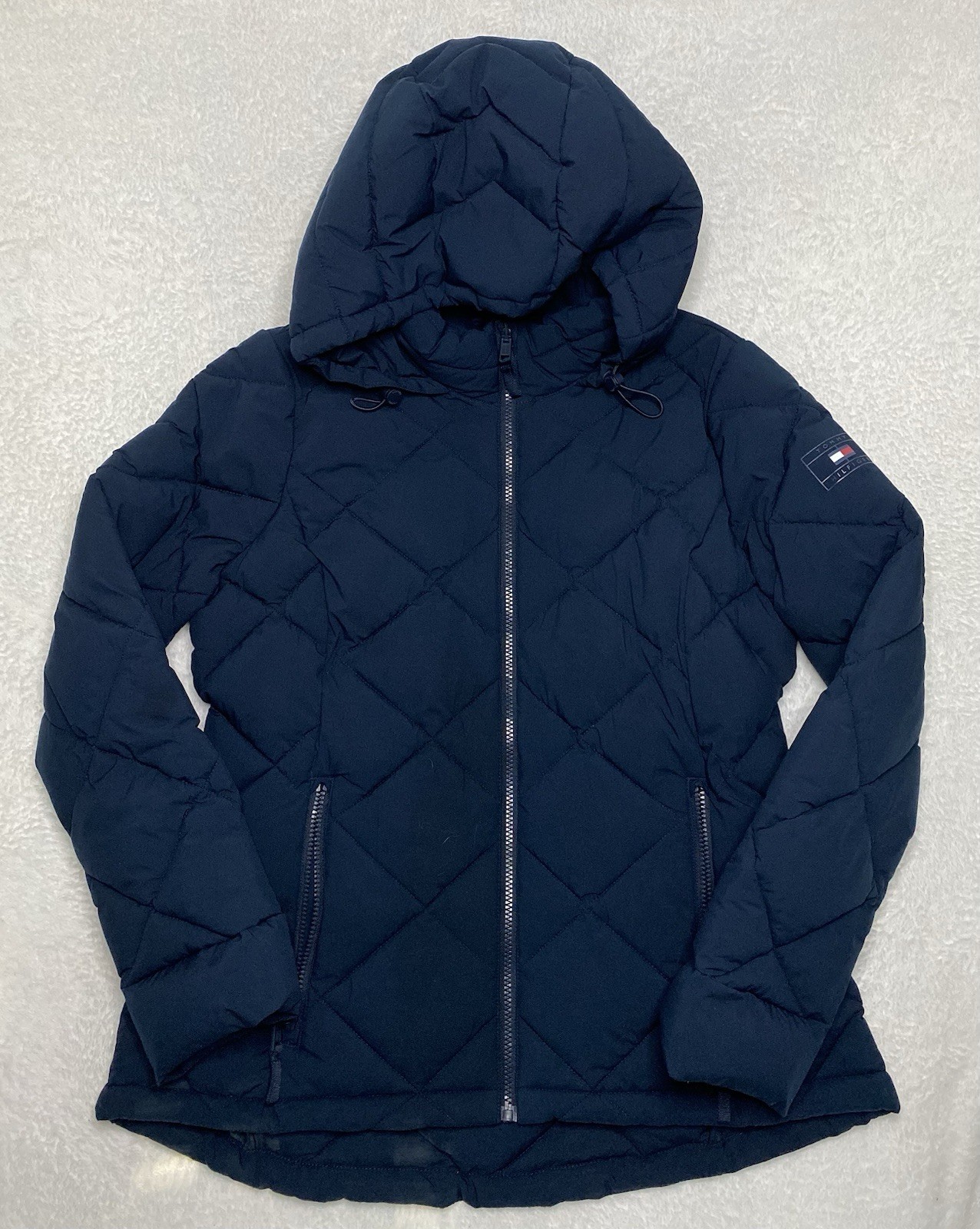 Tommy Hilfiger THE FLEX Diamond Quilted Navy Water Resistant Women’s L Coat NWOT