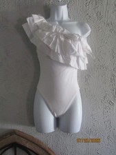 Zara nwt M white ribbed knit bodysuit one shoulder with tiered ruffle neckline