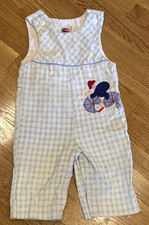 Vintage Boys Overall 18 Months Blue Plaid Corduroy Boy Bike Embroidered Longall