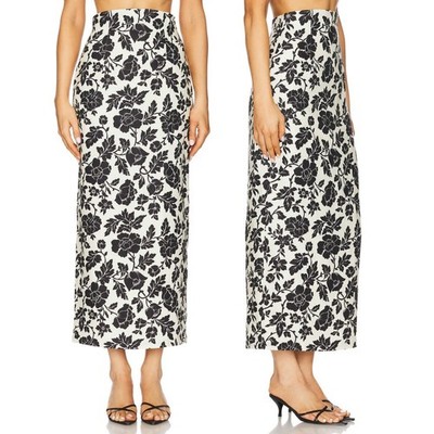 Posse Linen Floral Maxi Skirt Romeo Column Black White Botanical Print Skirt L