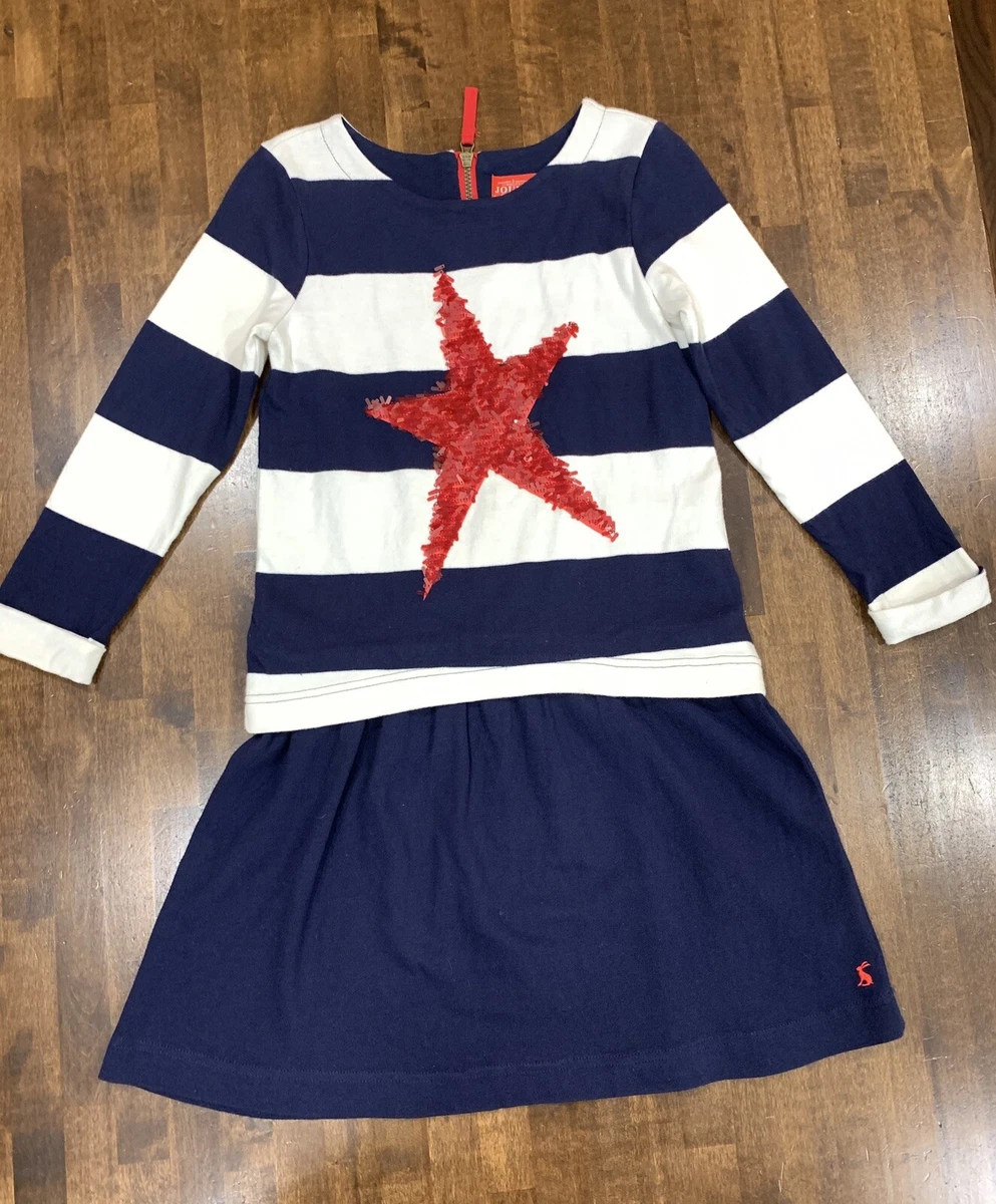 Joules Girl's Navy Blue Striped Red Sequin Star Layered Dress