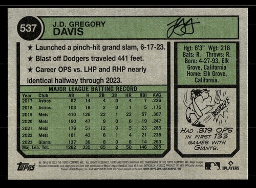 2023 Topps Heritage #537 J.D. Davis San Francisco Giants - 第 2/2 張圖片