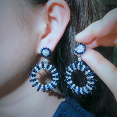 Shiny Black Gold Plated Blue Cubic Zirconia Round Halo Big Dangle