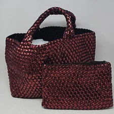 Naghedi Woven Burgundy Metallic Tote Pouch Set Bag