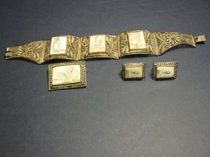 Chinese Export 1890s silver filigree & panelled jewellry set