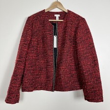 NWT Chico s Women Open Front Jacket Embellished Tweed Blazer Red Black Size 2
