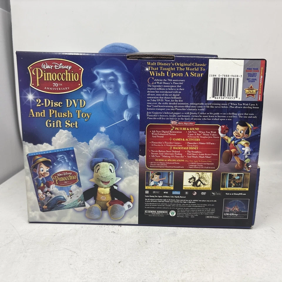 Disney Pinocchio 70th Anniversary 2-Disc DVD Set w Jiminy Cricket Plush New HTF - Image 4 of 4