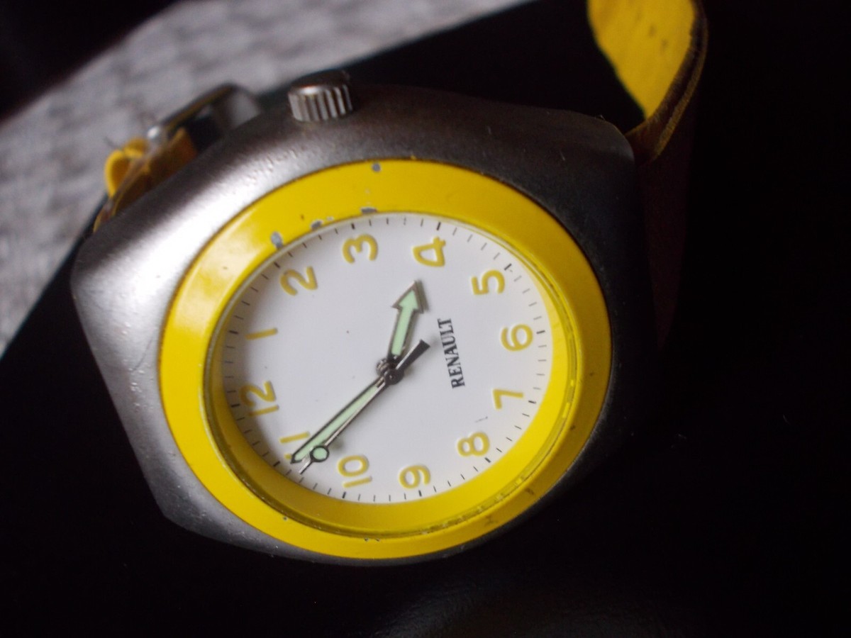 Montre Promotionnelle RENAULT Vintage à Quartz - Jaune & Argent - Bon État (Bracelet Usé)