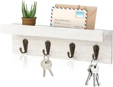Rustic Key Holder for Wall, Farmhouse Wall Shelf with 4 Hooks, Wall Mounted Key