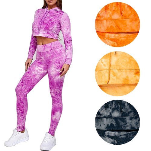 DBFL Women's Cropped Hoodie \u0026 Leggings Tie-Dye Pattern Fitness Gym Tracksuit Set L/XL / Black