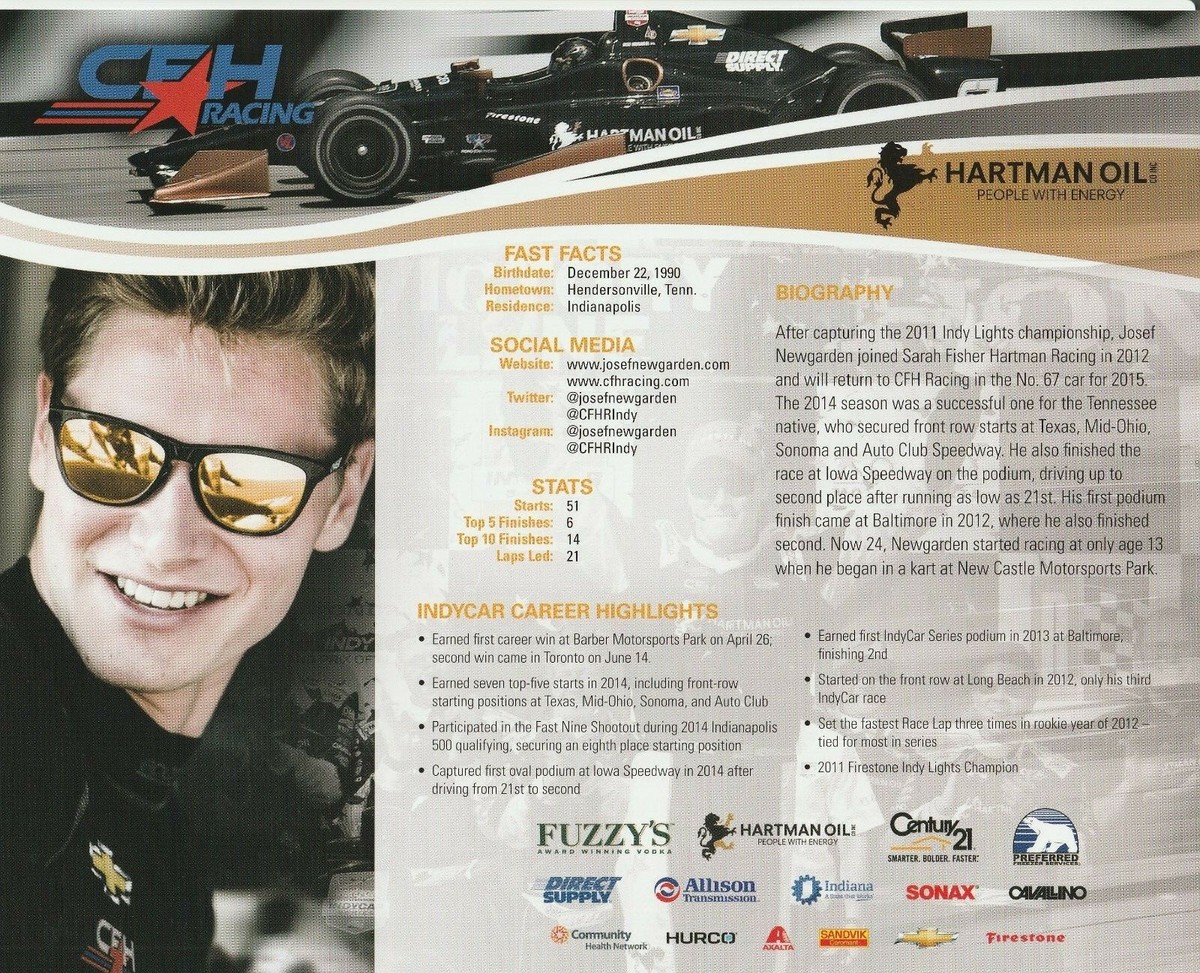 2015 JOSEF NEWGARDEN signed INDIANAPOLIS 500 PHOTO CARD INDY CAR