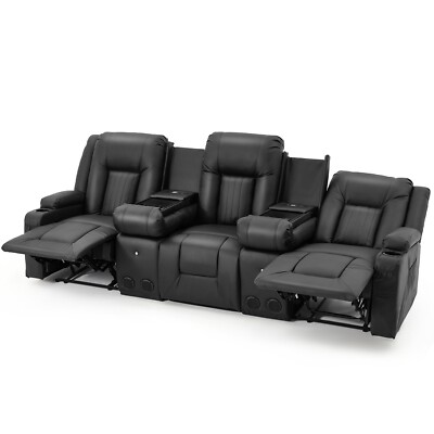 Recliner Sofa Manual RV Reclining Couch PU Home Theater Seating w/ Console USB