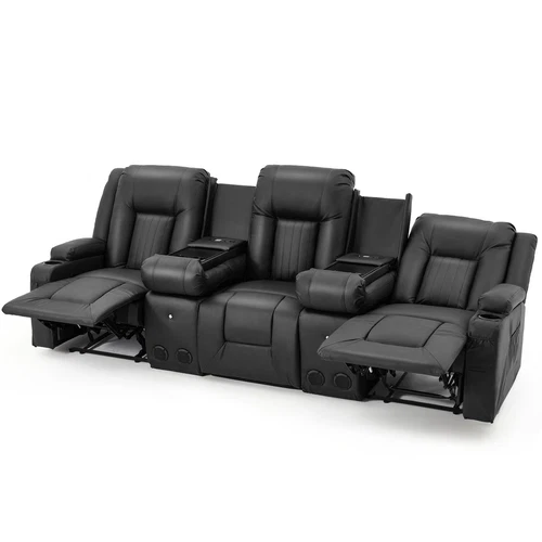 Recliner Sofa Manual RV Reclining Couch PU Home Theater Seating w/ Console USB
