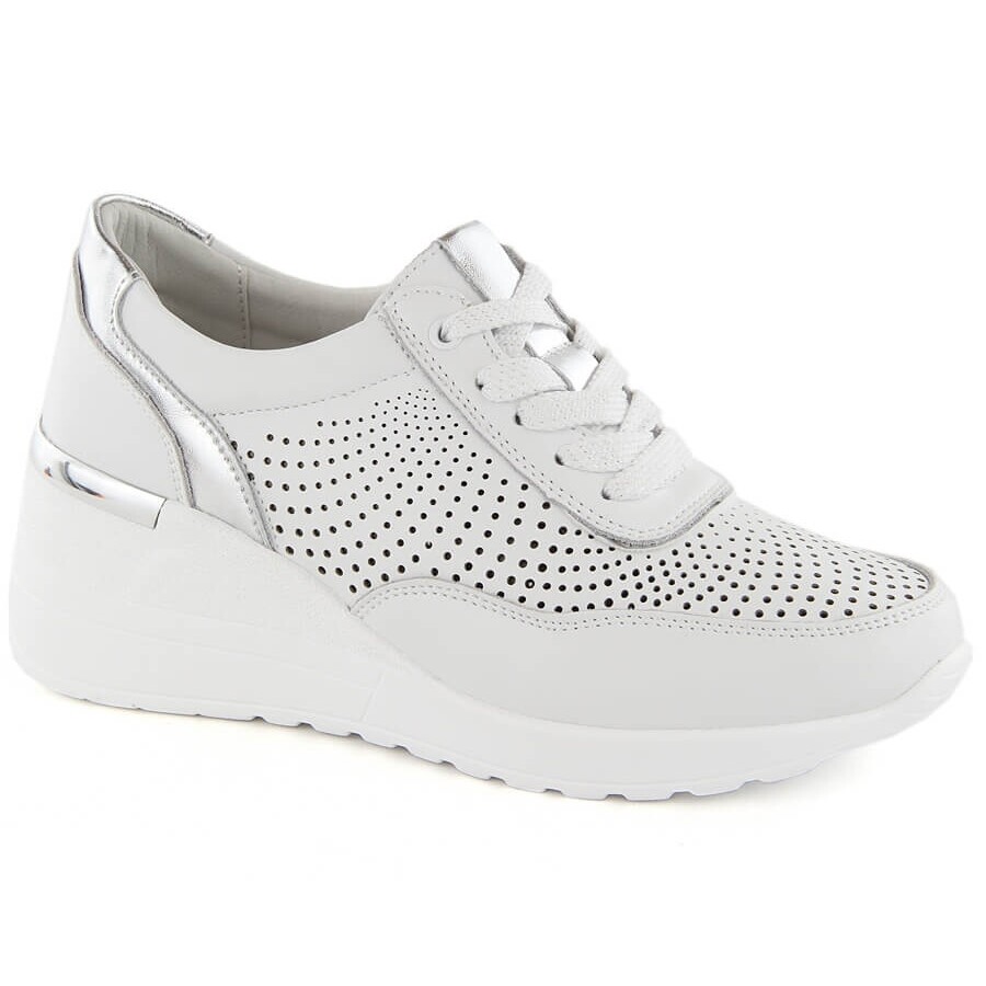 Zapatos deportivos cómodos de mujer en piel con cuña, blanco, S.Barski LR725