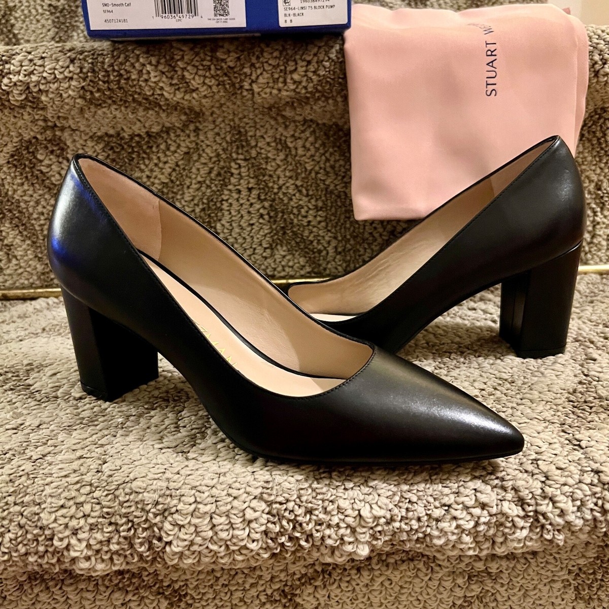 NWB Stuart Weitzman Linsi 75 Block Heel Black Leather Pumps NWB Stuart Weitzman Linsi 75 Block Heel Black Leather Pumps