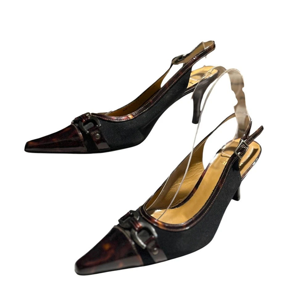 Stuart Weitzman Black Aspect Tortoise Slingback Pointed Kitten Heels Size 6 M - Image 2 of 4