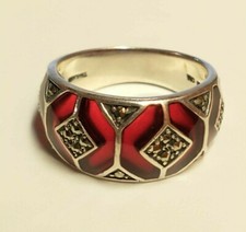 STERLING SILVER MARCASITE SYNTHETIC RUBY RING SIZE 6 WEIGHT 4.7 GRAMS