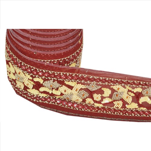 Sanskriti Vintage Border Antique Hand Beaded 1Yd Indian Trim Sewing Maroon Lace - Picture 8 of 8
