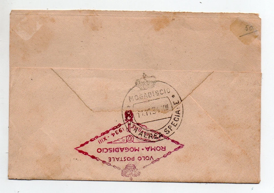 VOLO POSTALE ROMA MOGADISCIO - Busta RACCOMANDATA con Lire 10 P. A. -  Anno 1934 - Immagine 2 di 4