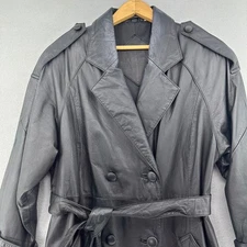 Preston York Genuine Leather Trench Coat Black Double Breasted Long SZ L Womens