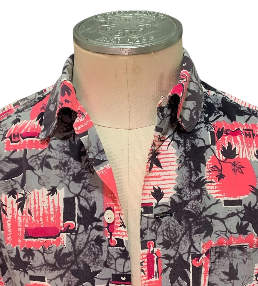 Camisa CATALINA Vintage Años 60 Para Hombre Algodón SS - Talla S/M Linternas Japonesas Rosa/Gris Foto 3 de 4