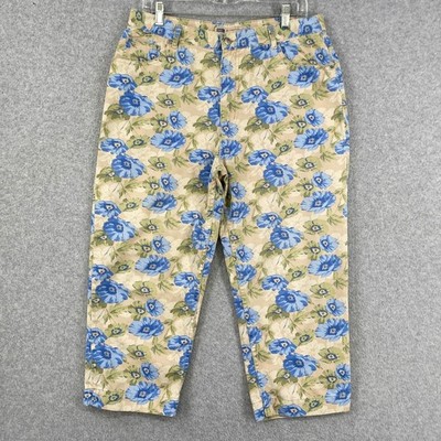 Faded Glory Capri Pants Womens 14 Tan Blue Floral High Rise Crop Cotton Casual