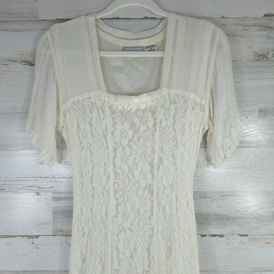 VESTIDO DE ENCAJE VINTAGE STARINA COTTAGE CORE BLANCO ROTO PARA MUJER TALLA PEQUEÑA FORRADO *EXCELENTE ESTADO* Foto 4 de 4