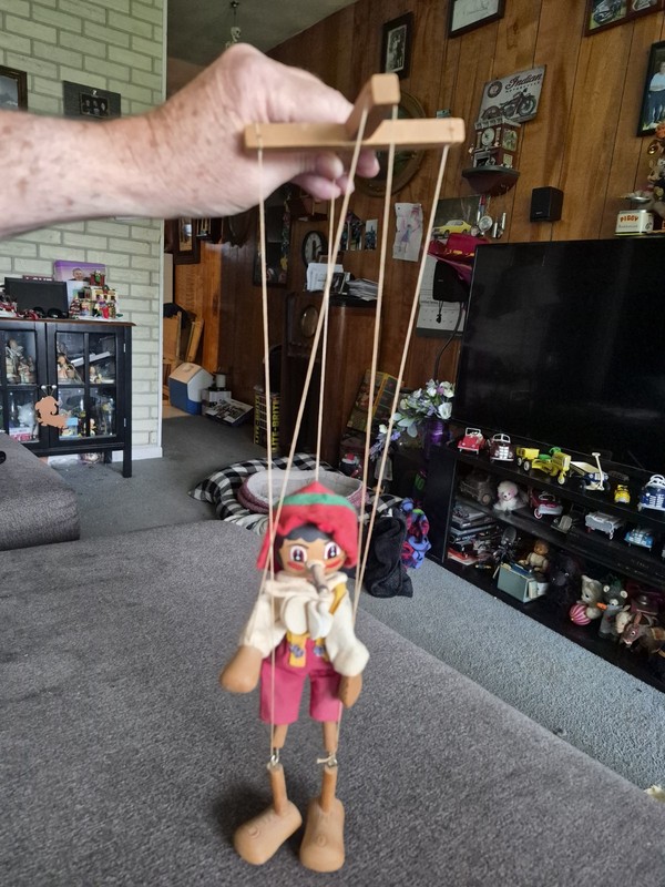 Rare Antique Pinnochio Hand Carved Wood Pupet Toy 5 String 20in.