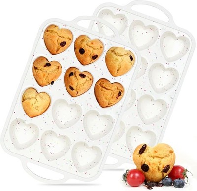 Heart Shaped Silicone Muffin Pan, Metal Reinforced Frame 12 Cups Silicone Molds 