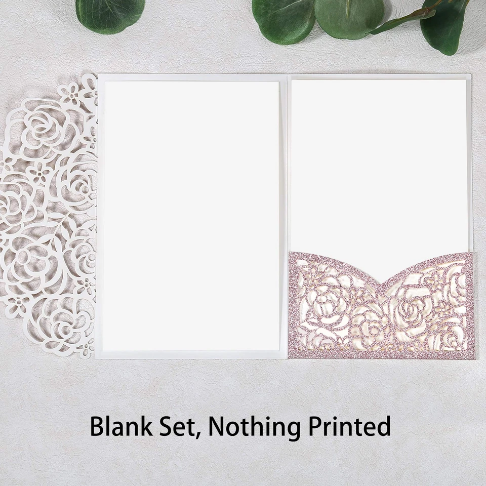 Kit de invitaciones de boda 4,7 x 7 pulgadas 50 piezas en blanco oro rosa brillo corte láser H... Foto 2 de 4