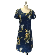 Vintage Paradise Found Hawaiian Print Dress Size L Short Sleeve Blue Rayon Shift