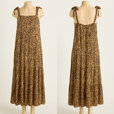 French Grey Leopard Print Tiered Midi Dress with Tie Straps – Size Medium, NWOT