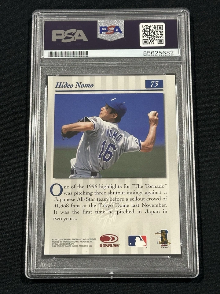 Tarjeta de los Dodgers autografiada por Hideo Nomo 1997 Donruss Studio #73 certificado de autenticidad PSA Foto 2 de 2