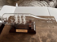 Hand Blown Glass Ship in Bottle &ndash; Spanish Galleon &ndash; Nautical Art &ndash; Wooden Stand