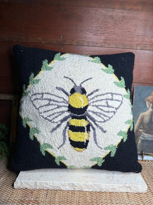 Vintage Wool Needlepoint Bumble Bee Throw Pillow