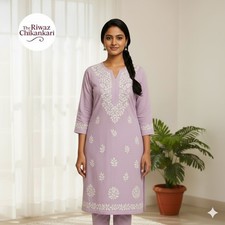 Lavender Chikankari Cotton Kurti for Women Handcrafted Lucknowi Embroidered