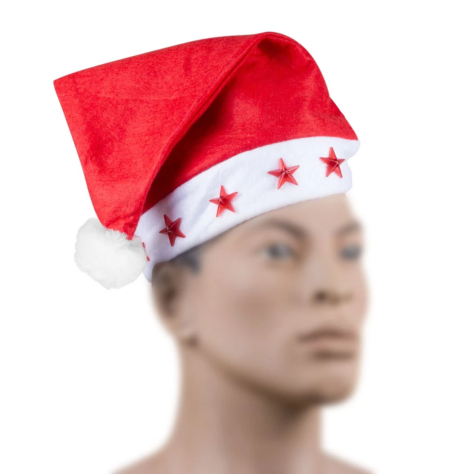 Nikolausmütze LED Sterne Rot Weiß Weihnachtsmütze Party Mütze Einheitsgröße Xmas - Bild 3 von 3