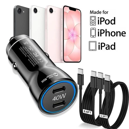 Double Type-C Fast Charging 40W Car Charger For iPhone 17e 17 16 15 14 Pro Max X