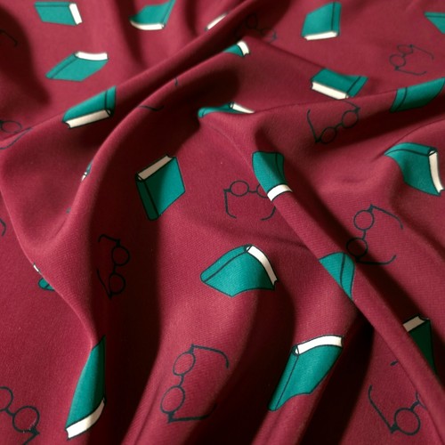 Bookworm Burgundy Poly Shirting Fabric 58" By The Yard Books and Glasses Print - Picture 6 of 9