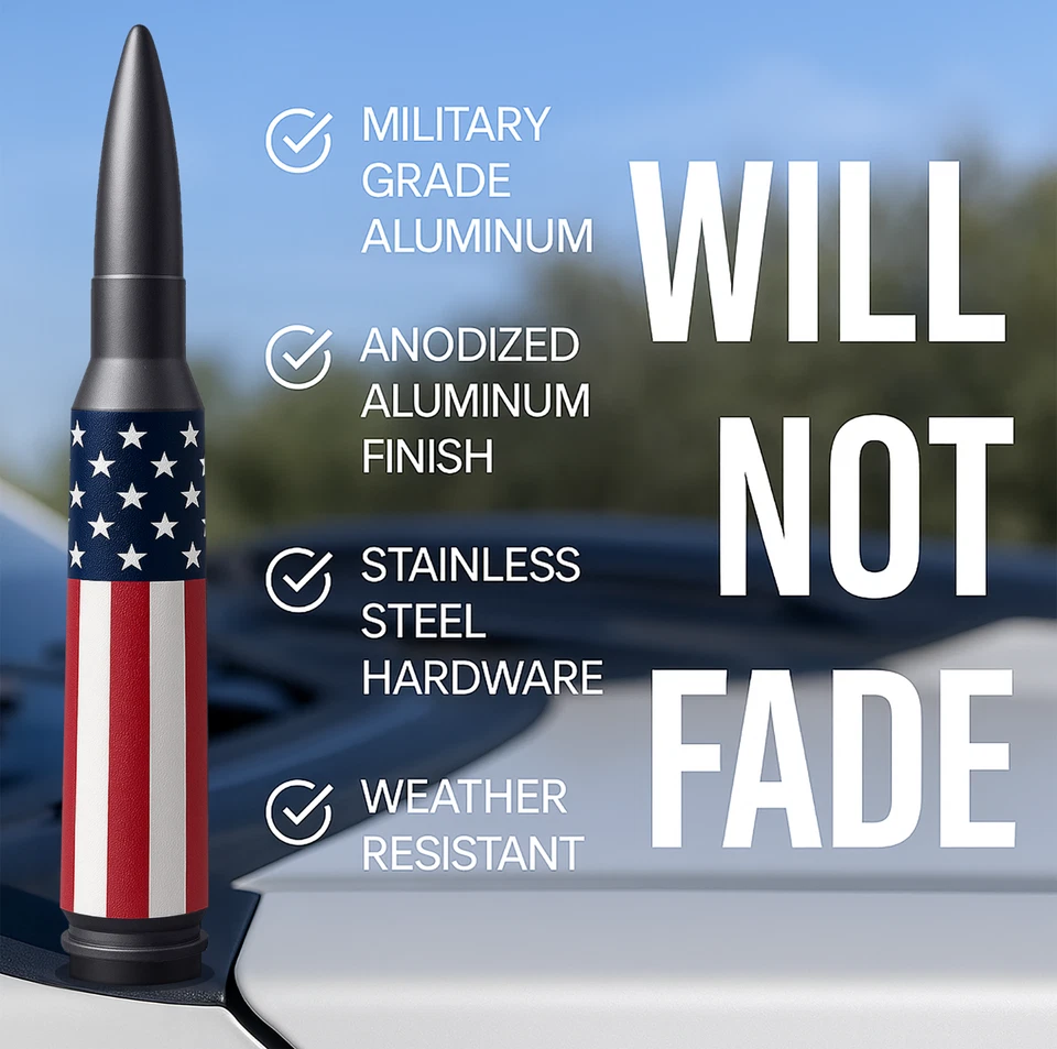 50 CAL BULLET ANTENNA FOR FORD, DODGE & RAM F150 F250 F350 ANTENNA AMERICAN FLAG - Image 2 of 4