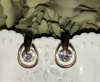 Vintage CINER Dainty Faux Big Diamond Rhinestone Center Gold Earrings  tb